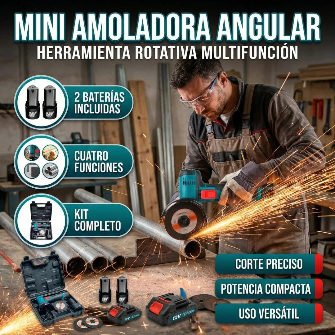 Amoladora Angular Inalámbrica 12V + 2 Baterías Recargables + Accesorios 🔝